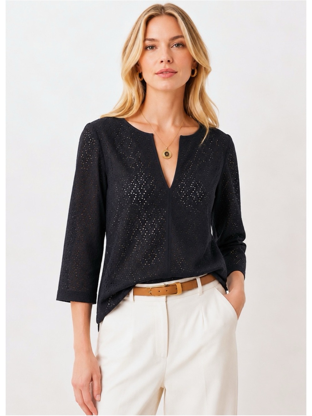 Talbots Cotton Eyelet Tunic Blouse Top Colour Black Size MP